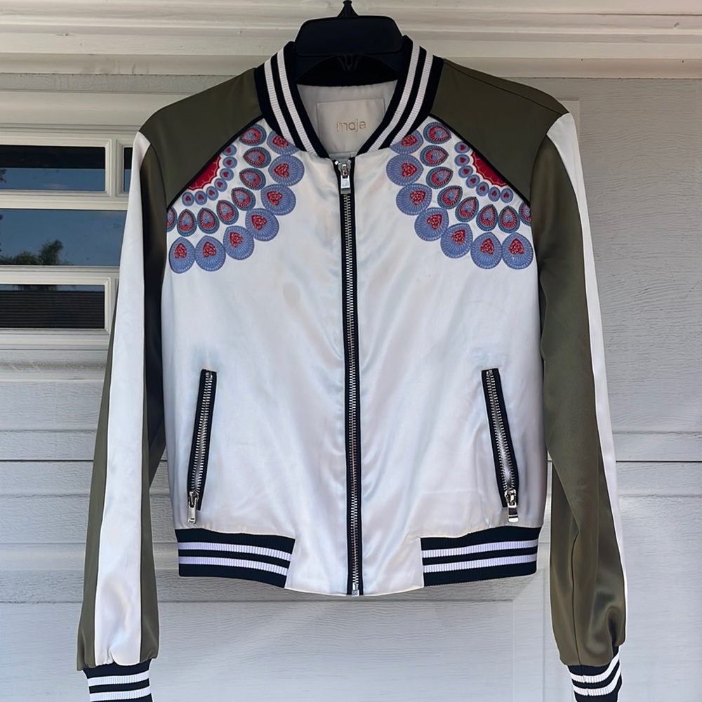 Maje Women’s Bamby Embroidered Satin Bomber Jacket - size 38 / Medium